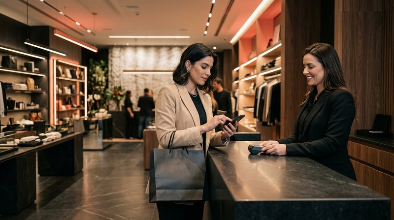 Ambiente de varejo moderno com cliente interagindo via smartphone no ponto de venda após realizar compra elegível