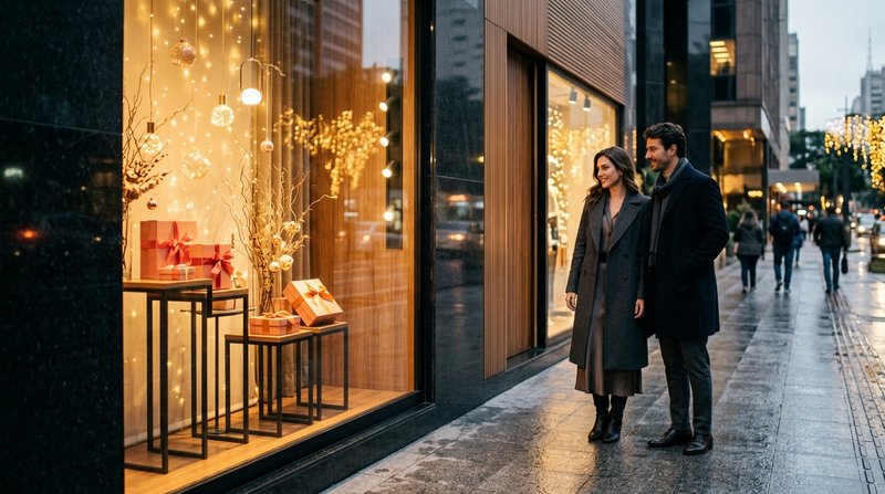 Vitrine iluminada de loja elegante com decoração festiva de fim de ano atraindo consumidores no varejo